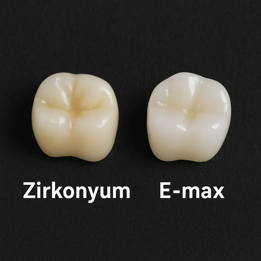 Zirkonyum ve E-max diş kaplamaları karşılaştırması: Zirkonyumun dayanıklılığı ve E-max'in estetiği.
