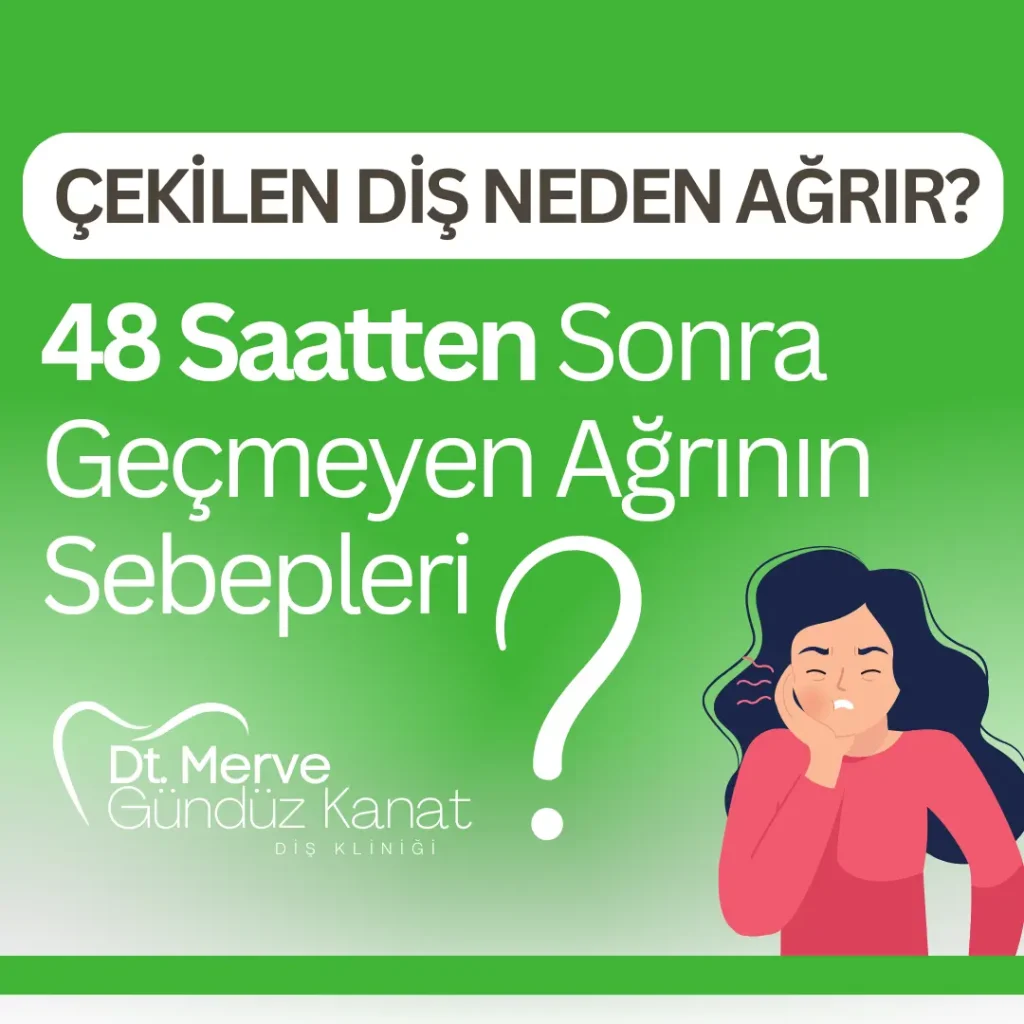 Çekilen diş neden ağrır sorusu için tasarlanmış görsel – 48 saatten sonra geçmeyen diş ağrısının sebepleri anlatımı, diş kliniği sosyal medya postu