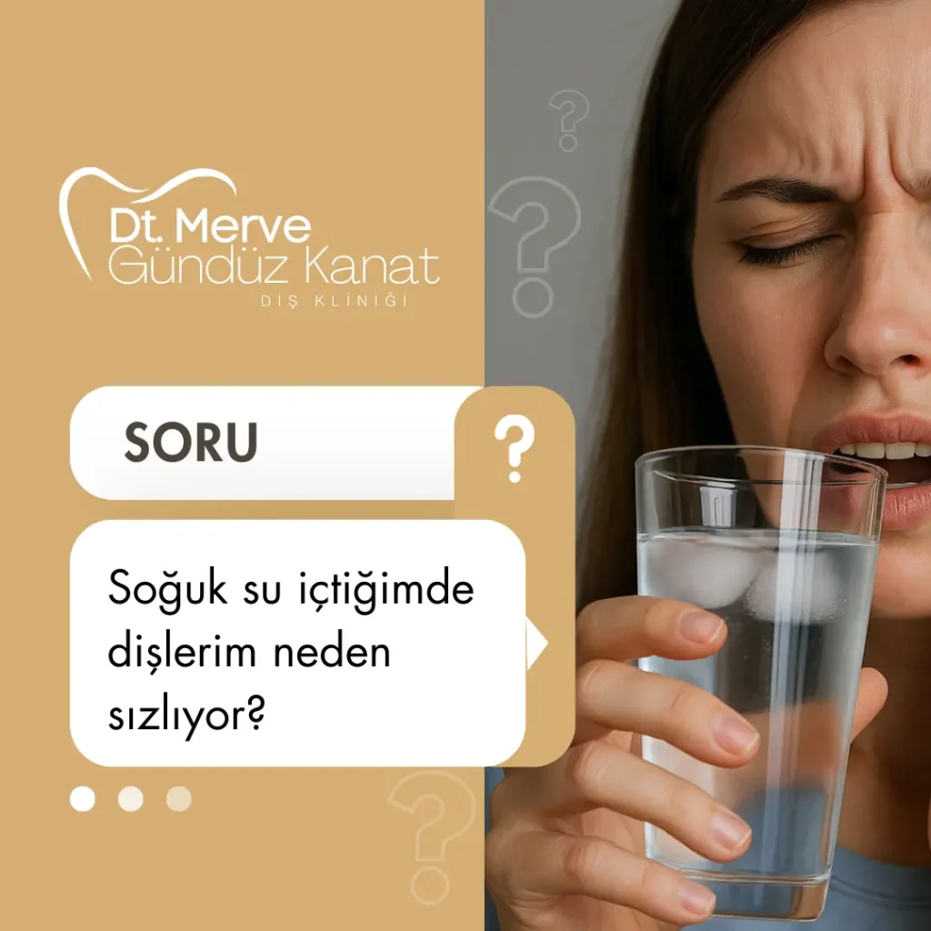 Soğuk içeceklerle diş hassasiyeti yaşayan kadın – diş sızlamasının nedenleri ve çözümleri.