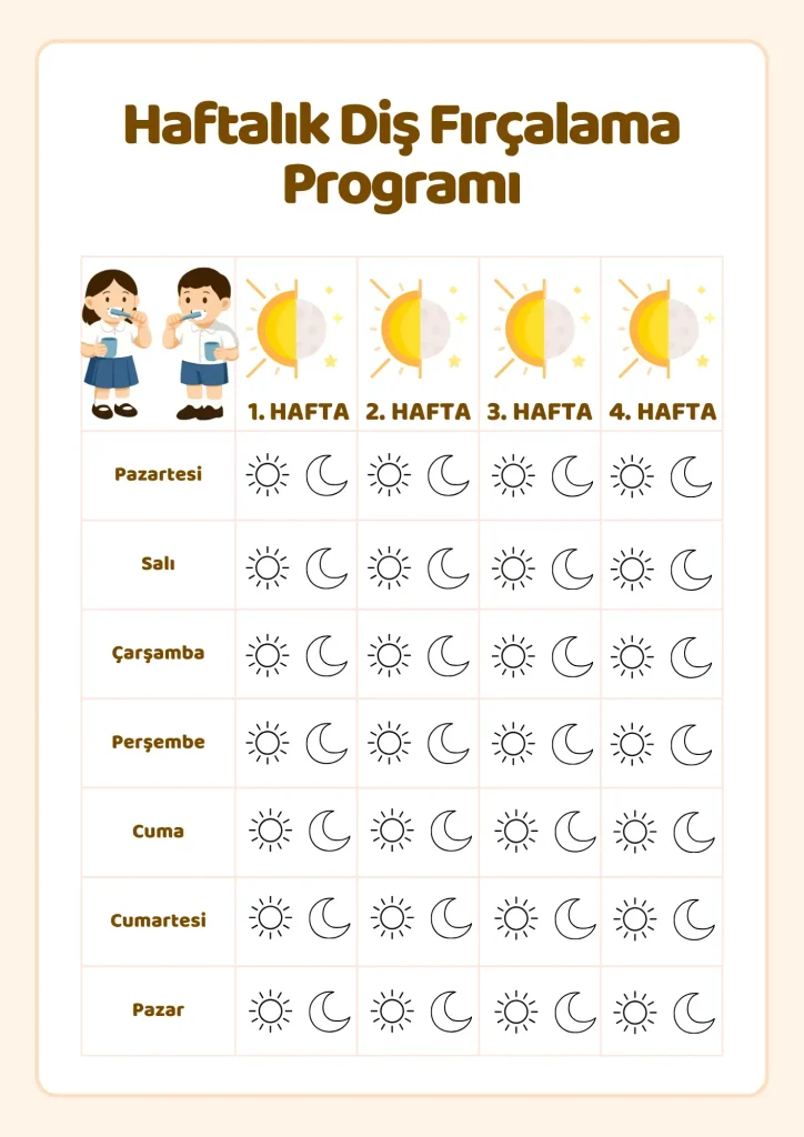 Aylık diş fırçalama çizelgesi – 4 haftalık okul öncesi şablon