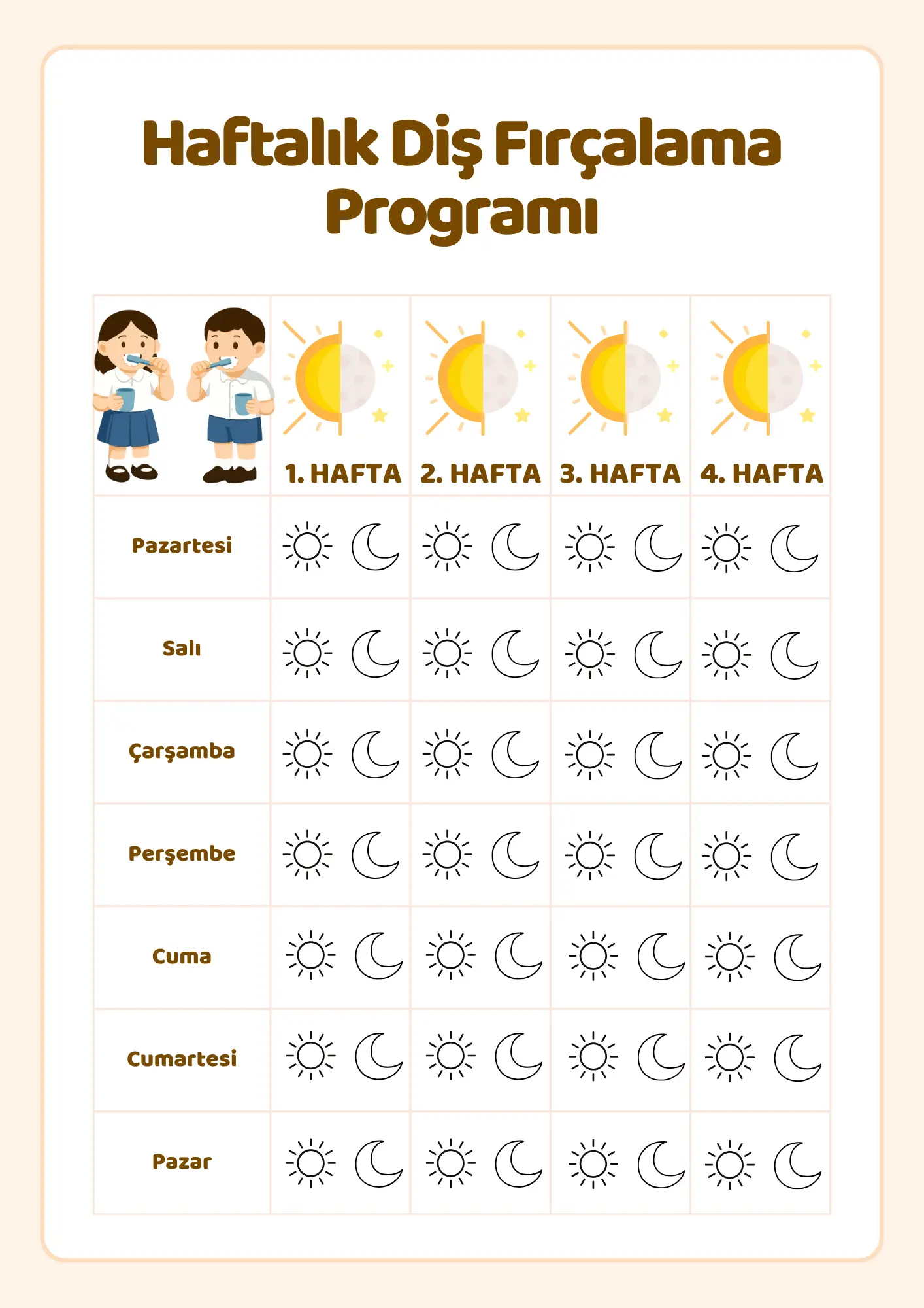 Aylık Diş Fırçalama Çizelgesi (4 Hafta) – PDF Aylık diş fırçalama çizelgesi – 4 haftalık, okul öncesi için uygun