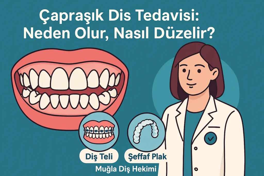 Çapraşık diş tedavisi, diş teli ve şeffaf plak seçeneklerini anlatan Muğla diş hekimi temalı görsel