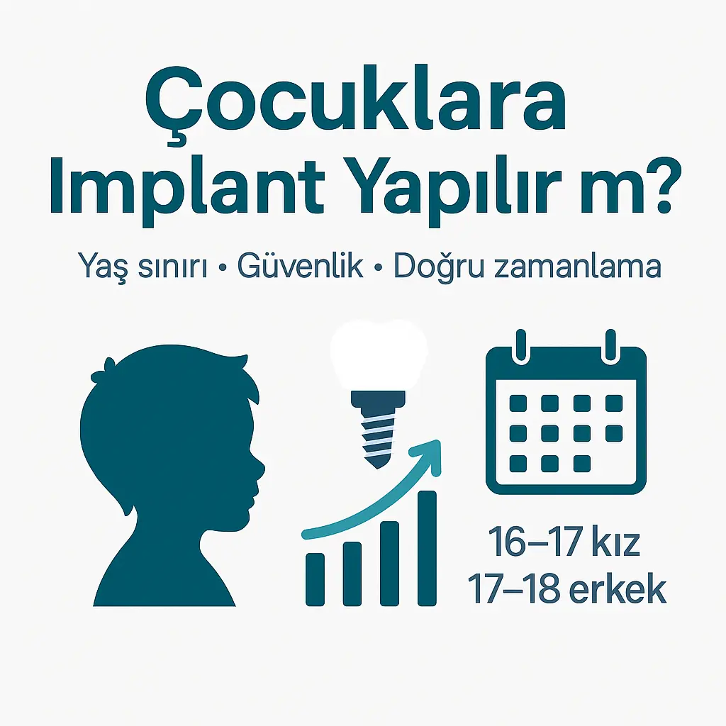 Çocuklara implant yapılır mı sorusunu anlatan; yaş sınırı ve güvenliği vurgulayan Muğla diş hekimi bilgilendirme görseli