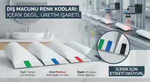 Diş macunu tüplerinin altındaki yeşil, mavi, kırmızı ve siyah renklerin üretim bandındaki sensörler için göz işareti olduğunu gösteren, üzerinde "Diş Macunu Renk Kodları: İçerik Değil, Üretim İşareti" yazan bilgilendirici infografik görseli.