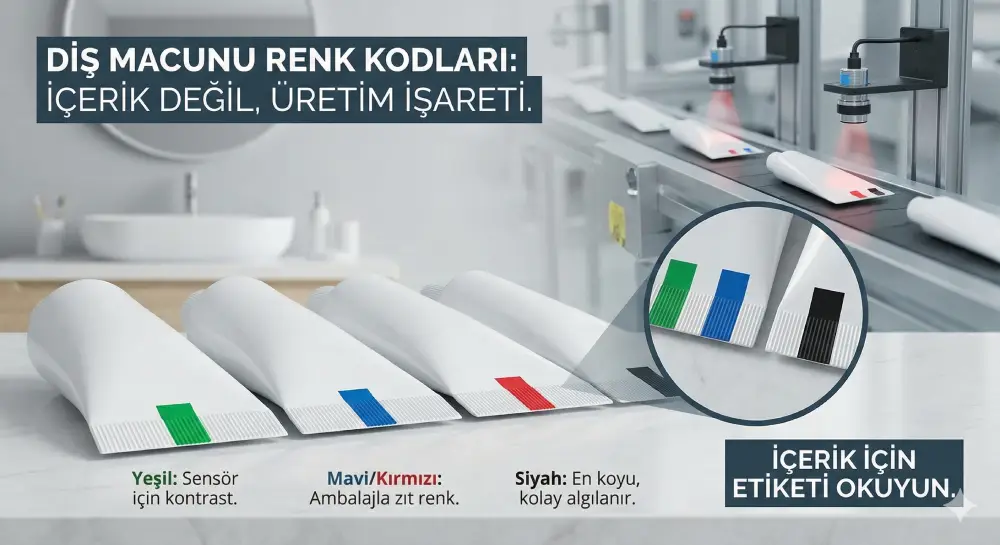 Diş macunu tüplerinin altındaki yeşil, mavi, kırmızı ve siyah renklerin üretim bandındaki sensörler için göz işareti olduğunu gösteren, üzerinde "Diş Macunu Renk Kodları: İçerik Değil, Üretim İşareti" yazan bilgilendirici infografik görseli.