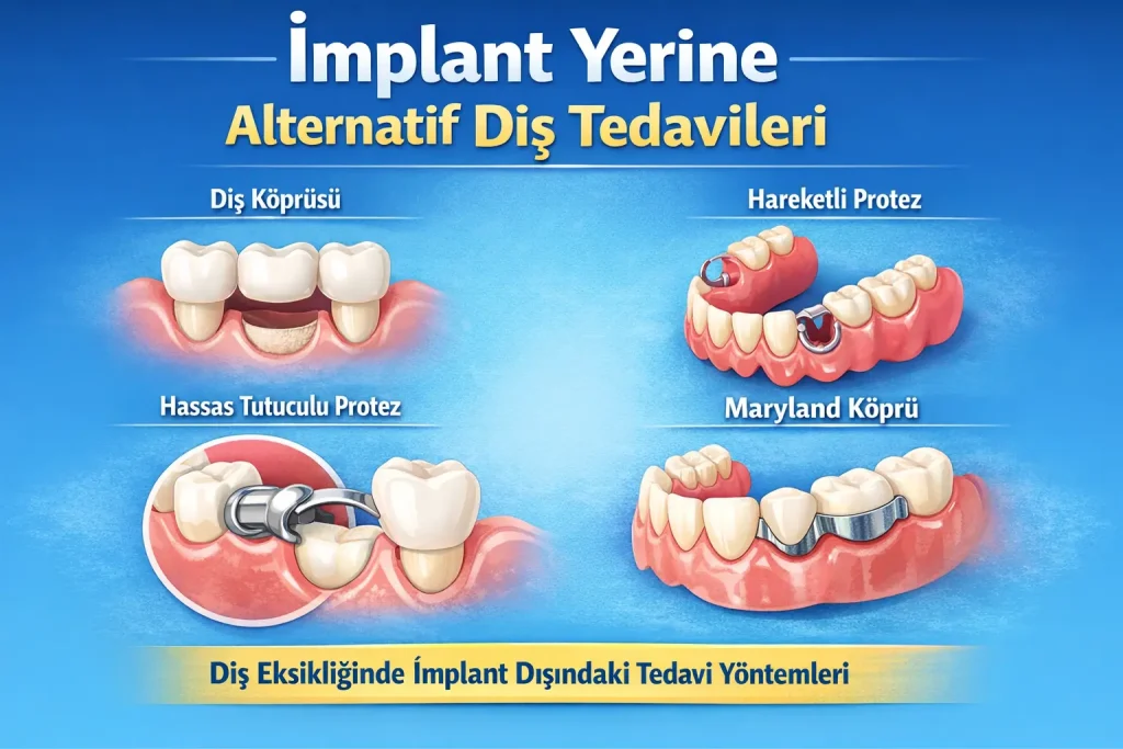 diş eksikliğinde implant yerine uygulanan köprü, protez ve diğer tedavi seçenekleri